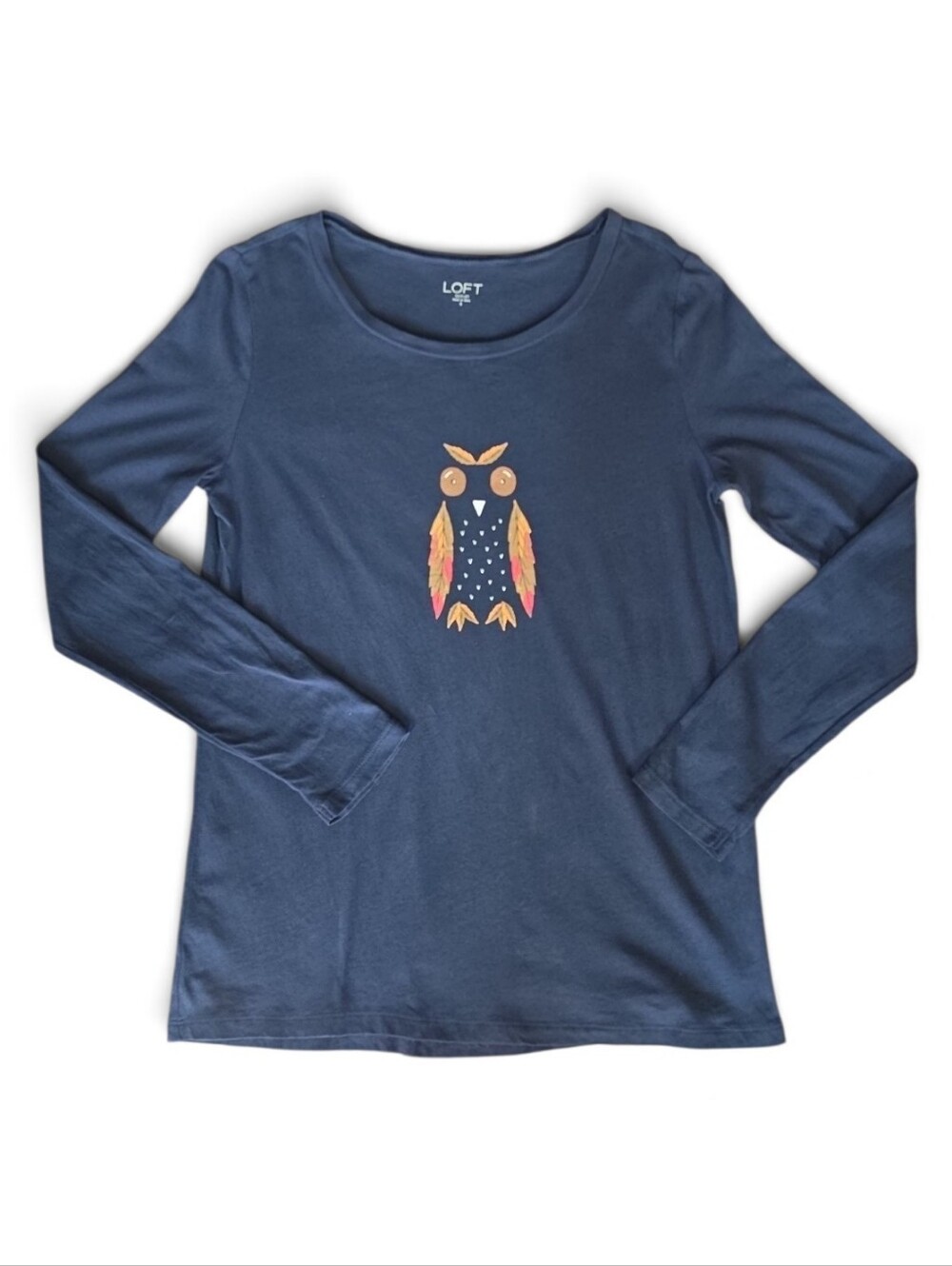 LOFT Navy Long-Sleeve Owl Shirt-Size Small